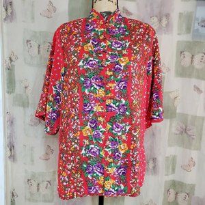 Red mandarin collar button front short flare sleeve shirt